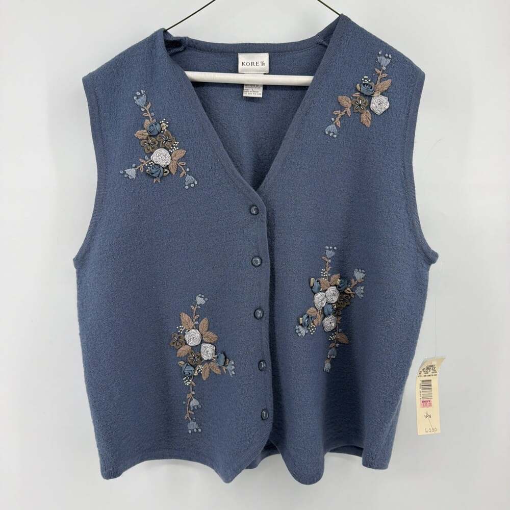 VTG Koret Women's Sz L Blue Wool Vest Floral Embroidered Beaded Cottagecore